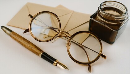 Fototapeta premium 빈티지 우편 엽서와 함께 올려진 둥근 안경, 클래식한 만년필