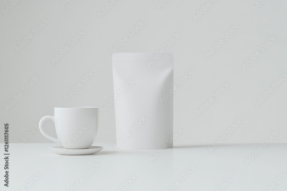 Poster sleek design of stand-up pouch in matte white positioned on flat white background with soft lighting