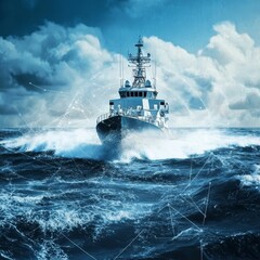 Powerful warship navigating stormy ocean waves
