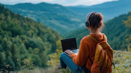 Woman working remotely on a laptop with scenic mountain backdrop
