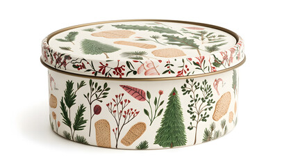 Decorated Cookie Tin with Plants & Trees. A decorative tin container with colorful plants and trees printed on its sides and top. Festive foliage design.