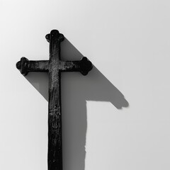 Black Wooden Cross Shadow Minimalist Religious Symbol Christian Faith Spiritual Hope Simple Elegant Design Background Photography Monochrome Image    