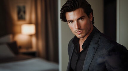 Handsome man, fashion photo for men's magazine, black shirt and gray suit
