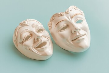 Comedy and Tragedy Masks on Pastel Blue Background Representing Theatrical Arts and Emotions With Bright Studio Lighting