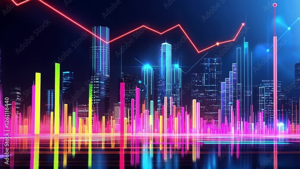 Poster a vibrant cityscape illuminated by neon lights with floating holograms displaying increasing gdp met