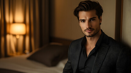 Handsome man, fashion photo for men's magazine, black shirt and gray suit
