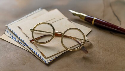 Fototapeta premium 빈티지 우편 엽서와 함께 올려진 둥근 안경, 클래식한 만년필