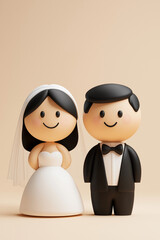 A cute, minimalist 3D illustration of a smiling bride and groom in wedding attire. The charming figurine-style couple stands together, radiating happiness and love. Perfect for wedding invitations