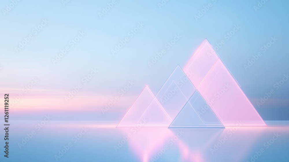 Fototapete surreal arrangement of glowing triangular grids in 3d space with soft shadows creating depth and int