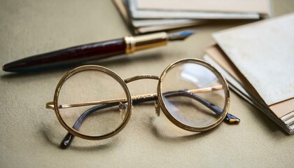 Fototapeta premium 빈티지 우편 엽서와 함께 올려진 둥근 안경, 클래식한 만년필