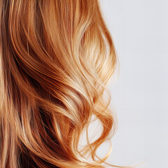 Naklejka premium Close-up of wavy, copper blonde human hair with subtle balayage highlights.