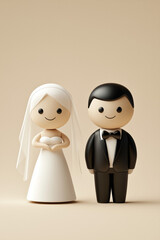 A cute, minimalist 3D illustration of a smiling bride and groom in wedding attire. The charming figurine-style couple stands together, radiating happiness and love. Perfect for wedding invitations