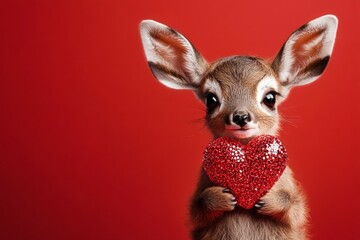 Cute antelope baby with sparkling rhinestones red heart - emblem of love, funny greeting card. Antelope - my cherished animal. Ad campaign visual idea. Digital ads conceptual art.