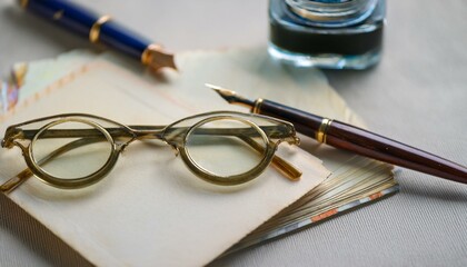 Fototapeta premium 빈티지 우편 엽서와 함께 올려진 둥근 안경, 클래식한 만년필