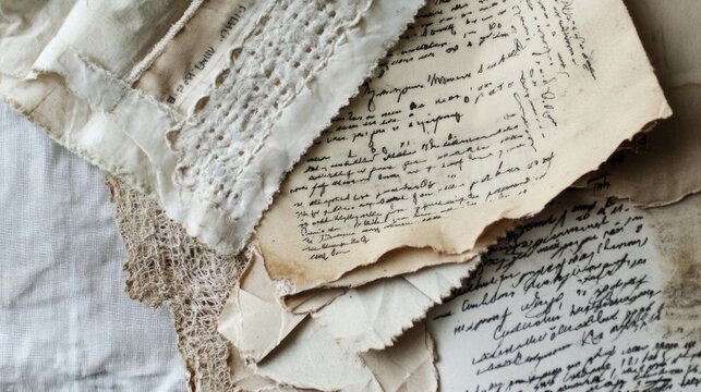 Antique letters and lace on fabric; history, memory, nostalgia; scrapbook, blog, website
