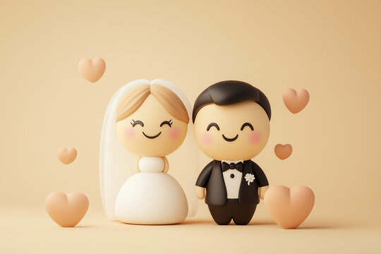 A cute 3D-rendered bride and groom figurine stand together, surrounded by floating hearts. This charming wedding illustration symbolizes love, romance, and marriage, perfect for invitations, celebrati