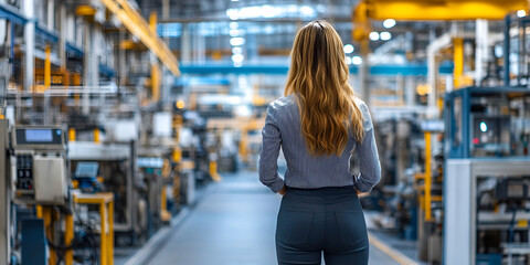 Female engineer working in factory with machines, Woman engineer in industrial setting, modern factory woman engineer

