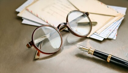 Fototapeta premium 빈티지 우편 엽서와 함께 올려진 둥근 안경, 클래식한 만년필