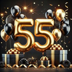 Number "55" golden Birthday Air balloon , celebration concept on a black background. Can be used for Birthdays, Anniversaries, Milestone Achievements, Lovely moments etc. Golden balloons and Confetti