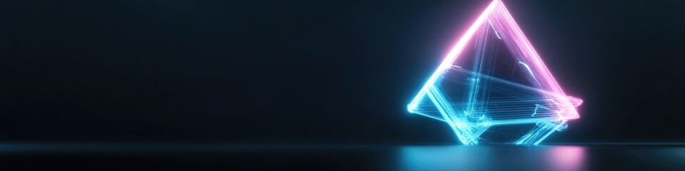 surreal depiction of 3d triangular mesh glowing with soft neon lights floating against minimalist dark backdrop