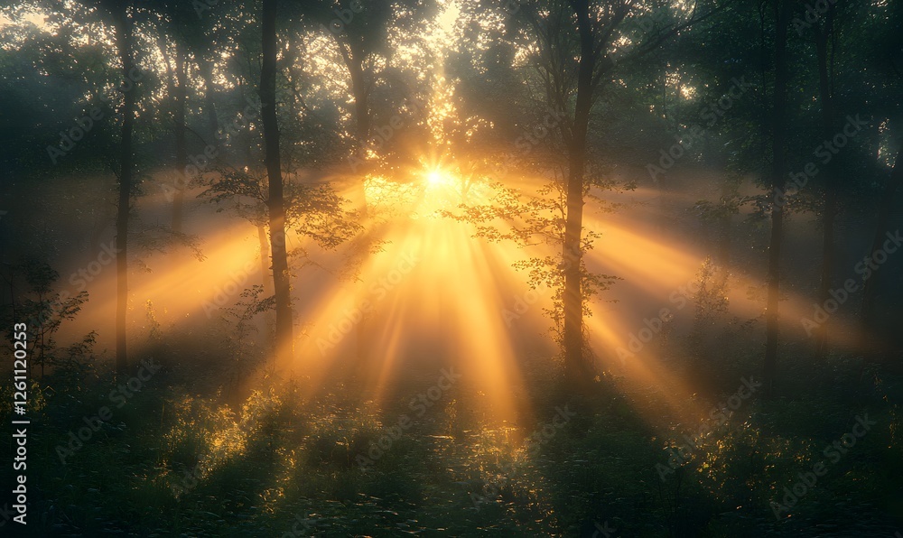Aufkleber sunlight breaking through a misty forest casting golden rays between the trees