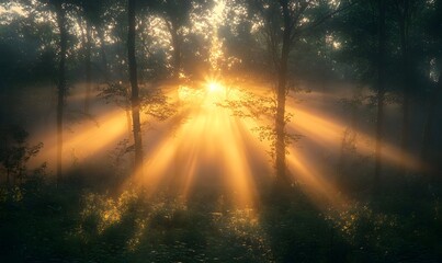 Sunlight breaking through a misty forest casting golden rays between the trees