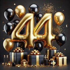 Number "44" golden Birthday Air balloon , celebration concept on a black background. Can be used for Birthdays, Anniversaries, Milestone Achievements, Lovely moments etc. Golden balloons and Confetti