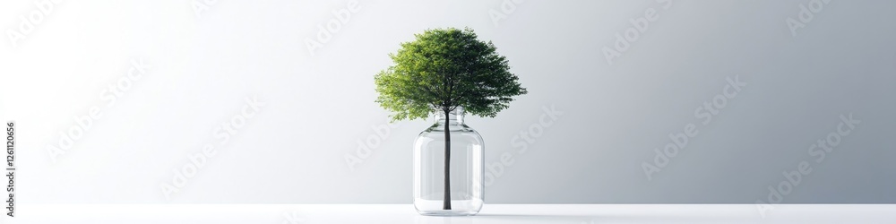 Poster surreal image of tree growing inside glass vial placed on smooth white surface illuminated by soft a