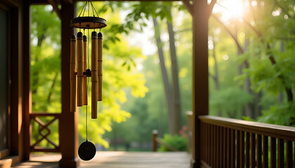 Bamboo wind chimes hanging on a porch surrounded by lush greenery in soft sunlight