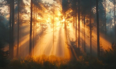 Golden hour sun rays illuminate a misty forest with tall trees and undergrowth