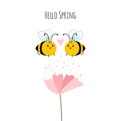 Spring card with cute bees and a flower-Hello Spring