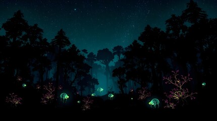 A mystical forest glowing with bioluminescent trees, flowers, and creatures under a starry night sky