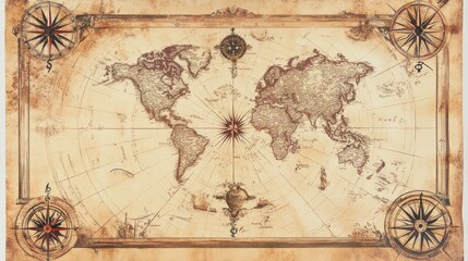 Antique world map, compass roses, travel, exploration, background texture