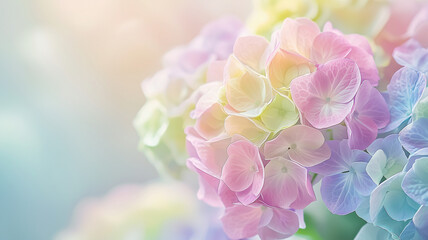 Ultra-Realistic Macro Photograph of a Colorful Hydrangea Bouquet with Soft Lighting and Dreamy Atmosphere, Elegant Floral Art