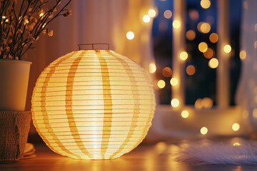 Obraz premium Warm ambiance created by decorative paper lanterns illuminating a cozy room during a festival celebration
