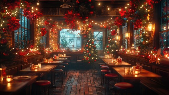 Festive Christmas pub interior with tables, chairs, tree, and warm lighting.