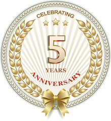 5 years anniversary celebration, greeting card, festive background with jubilee numerals with stars and laurel wreath, birthday card, icon. Vector illustration