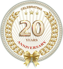 20 years anniversary celebration, greeting card, festive background with jubilee numerals with stars and laurel wreath, birthday card, icon. Vector illustration