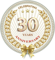 30 years anniversary celebration. Festive background with jubilee numbers in laurel wreath with stars in beautiful round frame, birthday card, icon.