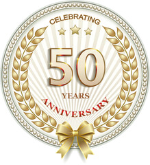 50 years anniversary celebration, greeting card, festive background with jubilee numerals with stars and laurel wreath, birthday card, icon. Vector illustration