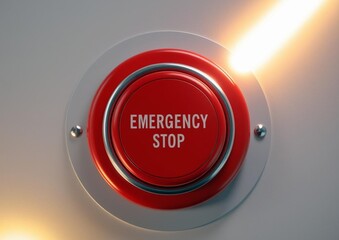 Red emergency stop button on the control panel in the factor