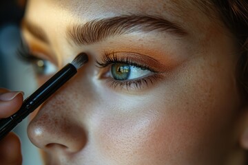 Naklejka premium Close up of a woman applying makeup in natural light highlighting her features and expression near a window in a bright, airy room
