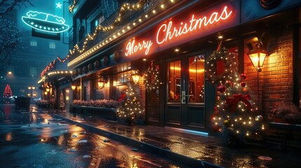 Festive Christmas pub scene at night, decorated with lights and wreaths, on a rainy street.