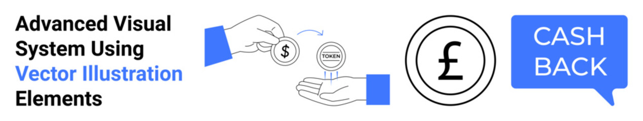 Hand transferring money, dollar and pound symbols, cashback speech bubble. Ideal for finance, banking, cashback incentives, payment systems, e-commerce, savings promotions flat landing page banner