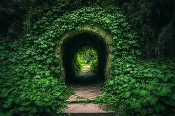 Obraz premium Enchanting stone archway, lush green foliage, hidden path.