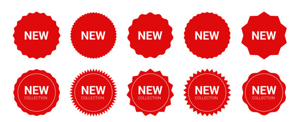 New and New Collection tag set with special offer icons, stickers, and deal labels. A variety of promotional badges for discounts, sales, and exclusive deals in a modern style.