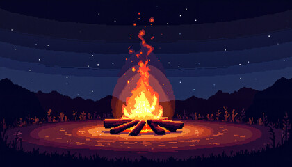 The Wheel of the Year. Glowing bonfire with embers in pixel art style, Litha celebration