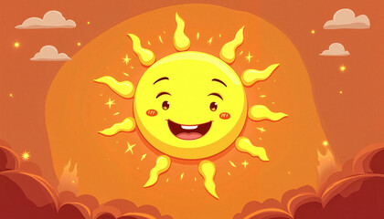 The Wheel of the Year. Cute smiling sun surrounded by playful fire sprites, joyful warmth