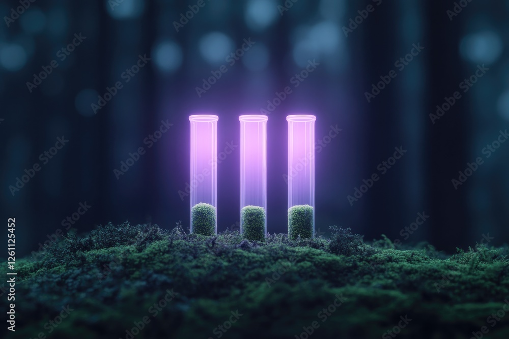 Poster vibrant artistic composition of glowing test tubes embedded in moss captured under soft ambient fore