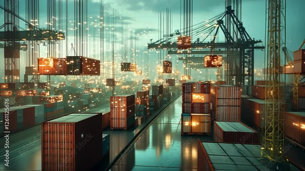 Poster futuristic container cranes are operating automatically, moving illuminated cargo containers in a te